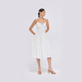 Sleeveless silk organza midi dress with corset bodice and gathered full skirt design